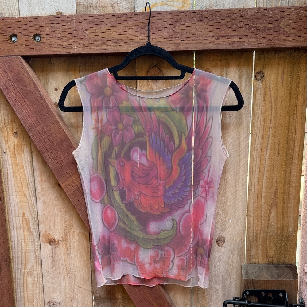 Sheer Mesh Floral Bird Print Tank Top - Pink